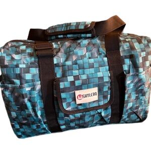 Shylero Large Utility Duffel Tote Bag – Teal Blue Pixel/Cube Print